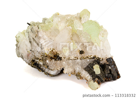 Macro stone mineral Prehnite Babingtonite On a white background 113318332