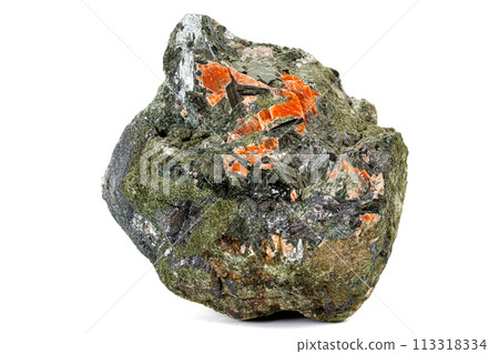 Macro stone mineral Diopside Calcite Magnetite on a white background 113318334