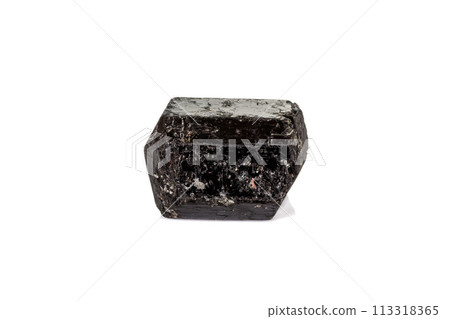 macro mineral stone schorl, black tourmaline on white background 113318365