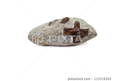 macro mineral stone Staurolite on a white background macro mineral stone Staurolite on a white background 113318383