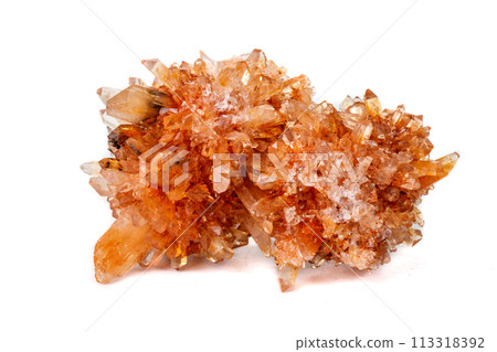 Macro of mineral stone Creedite on microcline on white background Macro of mineral stone Creedite on microcline on white background 113318392