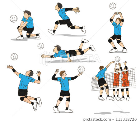 Men's volleyball match set of various techniques and poses Men's volleyball match set of various techniques and poses 113318720