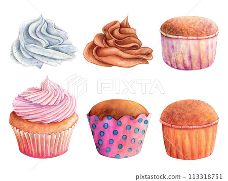 Cupcake muffin cream watercolor drawing set. Cake bakery whipped sweet tasty dessert illustration. Birthday celebration pastry chocolate aquarelle isolated white background. Delicious butter tea cafe 113318751