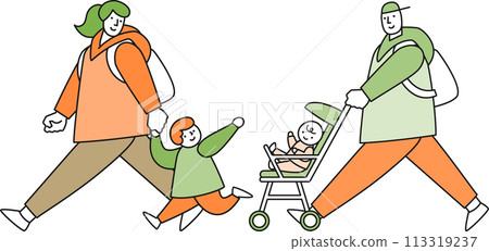A family with a baby in a stroller and a toddler 113319237