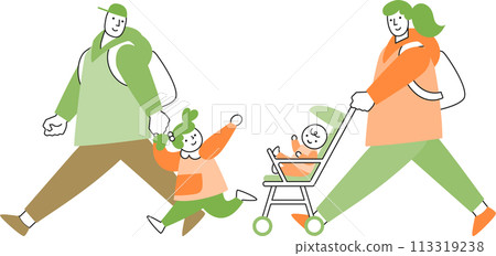 A family with a baby in a stroller and a toddler 113319238