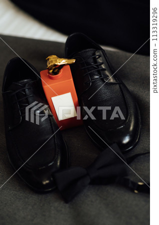 Closeup of elegant stylish brown male accessories isolated on white gray background. Preparation for wedding concept Closeup of elegant stylish brown male accessories isolated on white gray background. Preparation for wedding concept 113319296