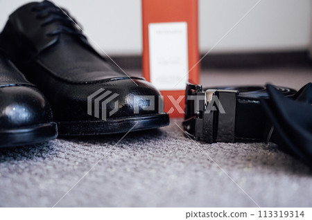 Closeup of elegant stylish brown male accessories isolated on white gray background. Preparation for wedding concept Closeup of elegant stylish brown male accessories isolated on white gray background. Preparation for wedding concept 113319314