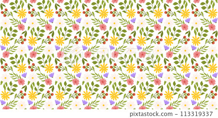 Seamless layout showcasing floral elements. Botanical-inspired repeated design with white, yellow, and lilac flowers, pink cherry blossom, branch with red berries, and different leaves. 113319337