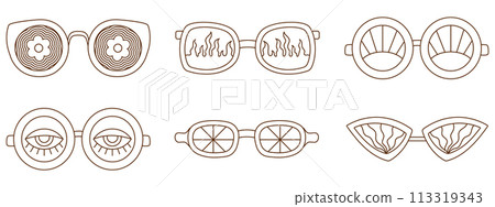 Retro Groovy sunglasses collection with different patterns black and white outline style. 1970s Vibe set 113319343
