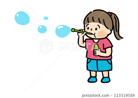 Illustration of a girl blowing soap bubbles Illustration of a girl blowing soap bubbles 113319589