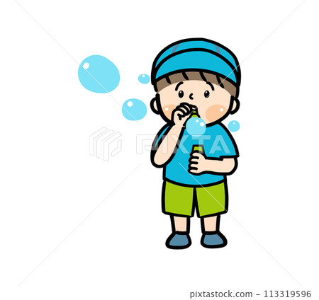 Illustration of a child wearing a hat blowing bubbles 113319596
