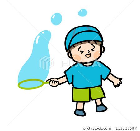 Illustration of a child wearing a hat playing with soap bubbles 113319597