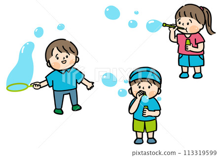 三個孩子玩肥皂泡的插圖 113319599
