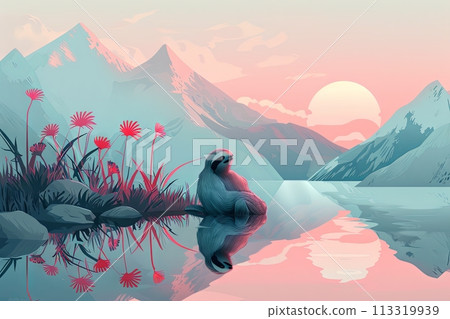 sloth relaxing in serene landscape illustration 113319939