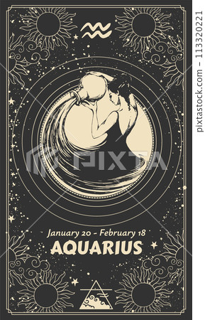 Aquarius zodiac sign, vintage black background with female character engraving, astrological symbols, date, constellation, modern horoscope chart. Mystical hand drawn vector illustration, calendar. 113320221
