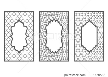 Ramadan window with pattern. Arabic frame of mosque door. Islamic design template. Vector oriental decoration with ornament. 113320535