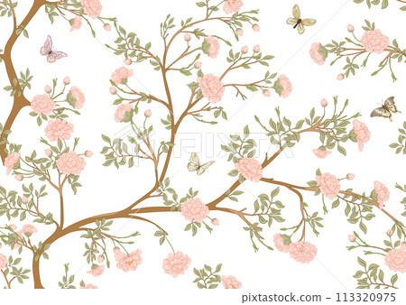 Blossom trees with flowers and butterflies. Blossom trees with flowers and butterflies. 113320975