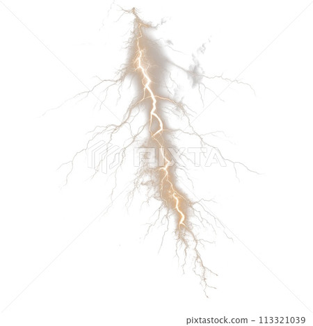 Lightning isolated on a white or transparent background. Close-up of strong and dangerous lightning from the sky, front view. Graphic design element. 113321039