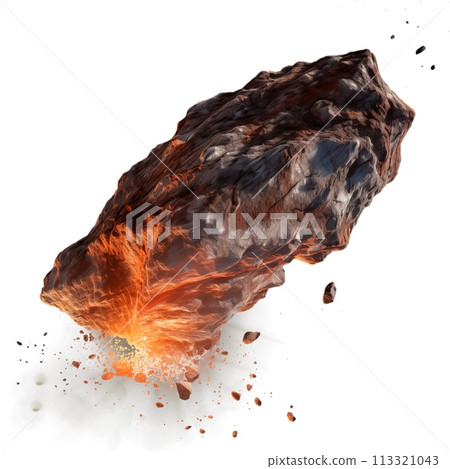 Falling meteorite isolated on a white or transparent background. A meteorite with tongues of flame scatters into small pieces close-up. Graphic design element on the theme of space. 113321043
