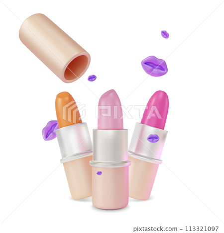 3d Different Color Lipstick Open Tube Set Cartoon Design Style Isolated on a White Background. Vector illustration of Makeup Cosmetic Product Concept 3d Different Color Lipstick Open Tube Set Cartoon Design Style Isolated on a White Background. Vector illustration of Makeup Cosmetic Product Concept 113321097