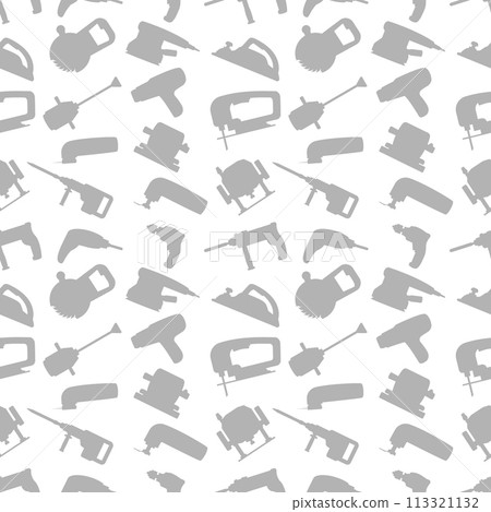 Vector seamless repeating pattern and background with industrial power tools icons. Light gray silhouettes. For website background, package design, store window design and signboard also other ideas. 113321132