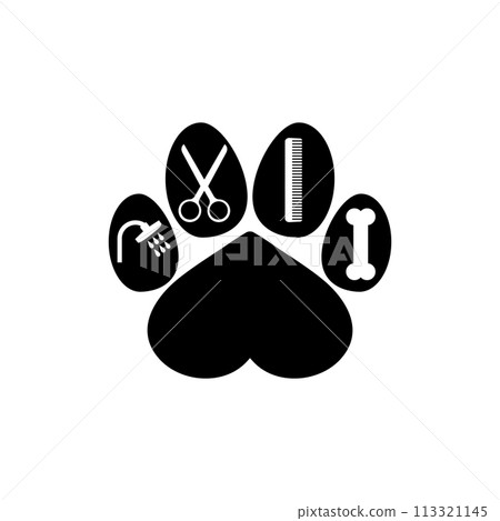 Dog grooming logo design template. Dog pawprint in heart shape with comb, scissors, shower and bone. Vector clipart and drawing. Isolated illustration on white background. Dog grooming logo design template. Dog pawprint in heart shape with comb, scissors, shower and bone. Vector clipart and drawing. Isolated illustration on white background. 113321145