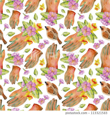 Hand drawn watercolor illustration spring gardening, leather protective glove with leaves and flowers, sparrow bird. Seamless pattern isolated on white background. Print, shop, scrapbooking, packaging Hand drawn watercolor illustration spring gardening, leather protective glove with leaves and flowers, sparrow bird. Seamless pattern isolated on white background. Print, shop, scrapbooking, packaging 113321583