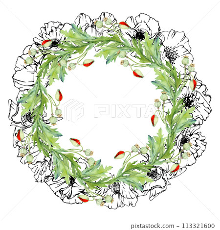 Hand drawn watercolor botanical illustration flowers leaves. Red poppy papaver, stems buds seedpods. Wreath frame isolated on white background. Design wedding, love cards, remembrance day stationery Hand drawn watercolor botanical illustration flowers leaves. Red poppy papaver, stems buds seedpods. Wreath frame isolated on white background. Design wedding, love cards, remembrance day stationery 113321600