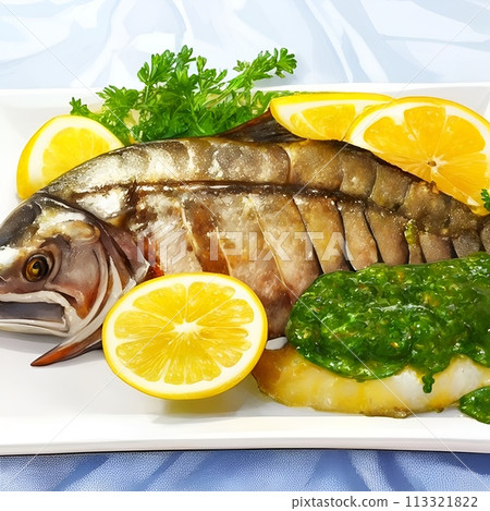 Pan-fried sea bream with lemon and herbs 113321822