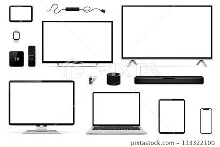 Realistic smart tv, computer monitor, laptop, tablet, smart phone, smart watch, smart speaker, sound bar, usb flash drive, gps navigation device, tv box receiver with remote controller and charger. 113322100