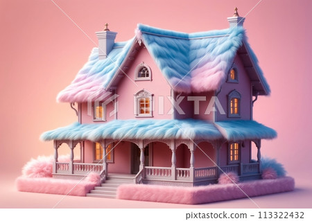cozy warm house of pastel pink color in warm colors with a roof made of warm fur 113322432