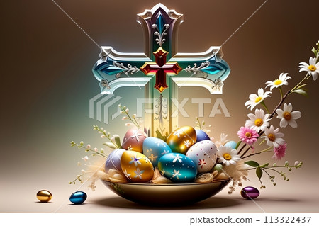 Easter greeting card, colorful Easter eggs 113322437