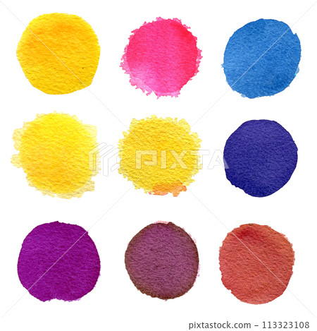 Set of yellow, orange, violet, pink and blue watercolor circles isolated on white background Set of yellow, orange, violet, pink and blue watercolor circles isolated on white background 113323108