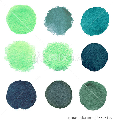 Set of Blue mint watercolor circles isolated on a white background. Watercolour blue, mint, green circles Set of Blue mint watercolor circles isolated on a white background. Watercolour blue, mint, green circles 113323109