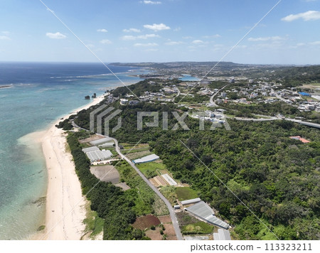 Aerial photography of the beautiful sea and beach in Nanjō City, Okinawa Prefecture using a drone 113323211