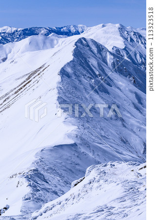 在嚴冬的雪山登山中，從谷川山眺望谷川山脈主脊的壯麗景色 113323518