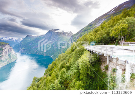 View on Geirangerfjord from Flydasjuvet viewpoint Norway View on Geirangerfjord from Flydasjuvet viewpoint Norway 113323609