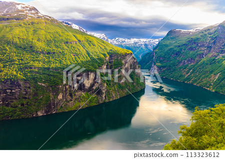 View on Geirangerfjord from Flydasjuvet viewpoint Norway View on Geirangerfjord from Flydasjuvet viewpoint Norway 113323612