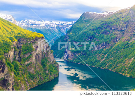 View on Geirangerfjord from Flydasjuvet viewpoint Norway View on Geirangerfjord from Flydasjuvet viewpoint Norway 113323613