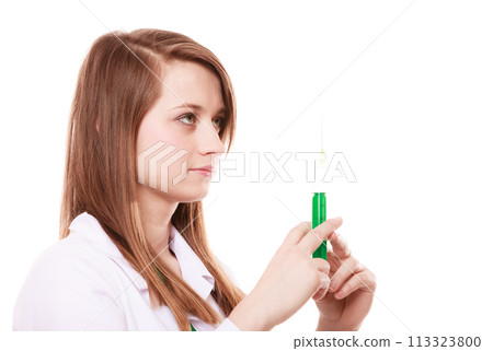 Medical. Woman doctor in lab coat with syringe Medical. Woman doctor in lab coat with syringe 113323800