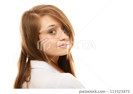 Laboratory. Chemist woman in goggles glasses isolated 113323875