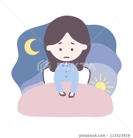 Illustration of a woman suffering from sleep disorders and insomnia 113323919