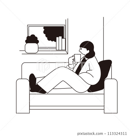 Woman drinking coffee on the sofa, line drawing, vector 113324311
