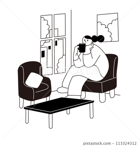 A woman relaxing in a room, line drawing, vector 113324312