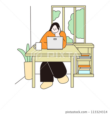 筆記型電腦和女人,線畫,向量 筆記型電腦和女人,線畫,向量 113324314