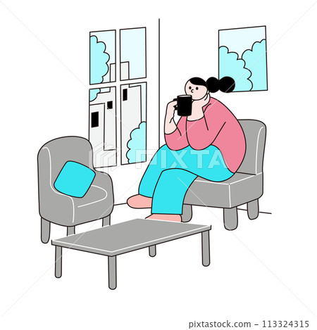 A woman relaxing in a room, line drawing, vector 113324315