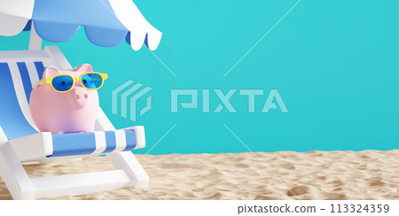 Savings money for vacation design of piggy bank on the beach chair tropical summer 3D render Savings money for vacation design of piggy bank on the beach chair tropical summer 3D render 113324359