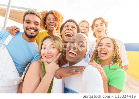 African woman taking selfie with multi-ethnic friends outdoors 113324419