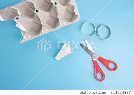 materials for crafts, how to make a paper ram head from egg box, step by step instruction, DIY, craft activity for kids  113324587