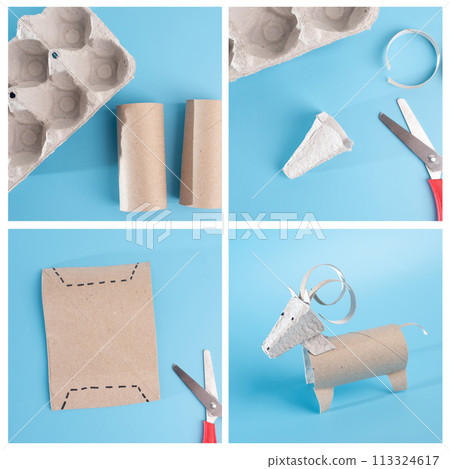 Educational animal-themed craft: ram with curled horns made from empty toilet paper roll, promoting recycling, simple toy craft for children 113324617